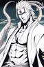 Placeholder: A manga-style portrait of a 35-years old male Shinigami from Bleach, tall and muscular, with wild silver-gray hair, steel-colored eyes, and a scar across his left brow and cheek. He wears a tattered captain's haori of the 11th Division, open kimono revealing a dragon claw tattoo on his chest, and metallic claws on his forearms. He smirks defiantly, standing in a dynamic pose with silver reiatsu swirling around him.