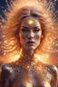 Placeholder: caucasian futuristic woman with glitter on her face, psychedelic interconnections, brilliant glow, overwhelming sparkle, intricate shimmering fabric, mystical surrealism, her luminous, hair overflowing with sparkling crystals, basking in a golden sunset glow, by Artgerm and Patrick Demarchelier, fiery aura, cinematic film still shallow depth of field, highly detailed, high budget, bokeh, moody, epic gorgeous reflection