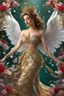 Placeholder: Photography realistic Beautiful Queen Angel wearing a magical gown of swirly flowing marble water gold filigree curlicues, flowering flowers, bloom, sparkle, ornamental gilt, diamonds, rubies, emeralds, sapphires, beautiful, delicate, intricate, elegant, graceful, shiny, Hyperrealism, Rococo, expressive, spherical, zoom out, volumetric lighting