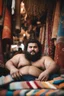 Placeholder: close up photography of a burly chubby muscular strong 23-year-old turkish man in Istanbul bazaar, shirtless, wearing shorts, short beard, selling carpets sitting on a pile of carpets, big shoulders, manly chest, very hairy, side light, view from the ground