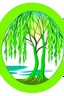 Placeholder: Colorful Logo of a pretty willow tree with long green hanging branches, standing outside a square window with an arch, emphasize the window and arch, serene tranquil background with a body of water.