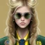 Placeholder: Girl with long wavy brown blond hair, yellow hawk eyes. Wears Hogwarts Hufflepuff uniform and sunglasses with a yellow clip.