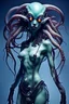 Placeholder: gorgeous female humanoid alien full body model, tentacles, orichalcum jewelry and piercings, beautiful face, glowing eyes, porcelain skin.