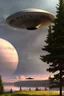 Placeholder: hundreds of school kids see a ufo, flying over tall pine trees, concept art