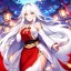 Placeholder: Clear focus, 8k, beautiful lighting, vibrant colors, fox girl, white hair, long hair, golden eyes, miko, tail, smile,