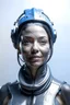 Placeholder: Cyborg female evolving | concrete floor | detailed | fine art | highly detailed | smooth | sharp focus | ultra realistic | full body portrait view, Mysterious,blue metal, smile