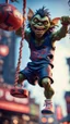 Placeholder: full figure portrait of a giant dunking player vampire goblin gremlin hanging , in the style of Gorillaz,bokeh like f/0.8, tilt-shift lens 8k, high detail, smooth render, down-light, unreal engine, prize winning