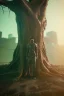 Placeholder: Cyberpunk theme, Oak tree roots holding man inside, misty sunny day, close-up portrait,