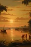 Placeholder: Una puesta de sol, a orillas del Río Parana, con pescadores en el agua al estilo Antonio Berni