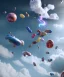 Placeholder: Ultra realistic speed clouds sky scene, wide angle view, strong men falling down with many Childs, circus clothing style, feather color clothing, free jumping flying, many trinkets, hair monster, many jelly beans, balls, color smoke, smile, happy, extreme, wind, clouds sea, 20,000 feet altitude, stratosphere, soft color, highly detailed, unreal engine 5, ray tracing, RTX, lumen lighting, ultra detail, volumetric lighting, 3d, finely drawn, high definition, high resolution.