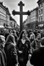 Placeholder: woman in the midle of a cross peatonal in e great city; behind her, unfocaused, other people walking, realism, black and white