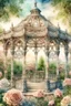 Placeholder: watercolor with drawing, Elegant filigree English gazebo entwined with gorgeous roses, beautiful landscape,magnificent peonies, large flowers pixel graphics, many details, subtle sensuality, realism, high quality, artwork, hyperdetalization, professionally, filigree, smoky haze, hyperrealism, transparency, delicate pastel tones, backlight, contrast, fantastic fabulous, unreal, translucent, luminous, clear lines.