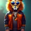 Placeholder: Lion toddler, smile, steampunk headphone, sunglass, gangsta neckless, full body, orange puffer jacket, tokio background, dramatic lighting, hyper realistic, unreal engine 5, 16k