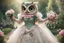 Placeholder: an anthropomorphic, owl bride happily throwing a bouquet in a beautiful garden. The owl has fluffy feather in shades of light brown and grey with distinct tabby markings on its face. Its large, expressive eyes are a deep emerald green and it has a small, pink nose. The owl is wearing embroidered white lace bride dress, tulle, gemstones, pearls, adorning the hem and bodice. Behind her, a celebrating crowd, owls and people dressed in elegant clothes, wedding food and cake on the tables. Behin