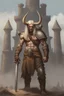 Placeholder: an extremely muscular 18-year-old Cotar the barbarian with tattoos, battle-scarred face, and long, shoulder-length bleach-blonde hair wearing leather shoulder and chest harness and armor, loincloth and a steel war helmet with horns and a buffalo hide brim, standing in front of a giant, skull-shaped castle raising the sword in his hand to the sky, 1200ppi, 2000dpi, Ultra-HD, hyper realistic, photorealistic, lifelike, professional grade photography, digital art