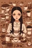 Placeholder: Wednesday Addams in front of Some Coffee cups and coffee beans and Other Things Arranged on a Brown Background