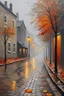 Placeholder: impressionism, oil, heavy impasto: dull and dreary deserted wet autumn cobbled grey street in a small town, heavy fog, (houses are grey:1.7), only (one:1.7) single fallen leaf on road, leaf in shades of pale orange and copper-red, autumn depression, melancholic vibe, unsaturated colors, faded palette, ground level view, deep low wide angle, a man and a women hugging and kissing in the rain