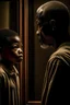 Placeholder: an older Black man looking in a mirror and seeing a sad child in his reflection. The older man represents someone who has aged and carries the experiences and burdens of life. The sad child symbolizes lost innocence and unfulfilled dreams. The man may see himself in the child, recalling a time when he was young and held innocent hopes and dreams before undergoing the transformations and experiences that shaped his life. The image of the sad child in the mirror serves as a reminder to the man of