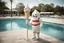 Placeholder: Dejected mottled lovecraftian anthropomorphic marshmallow man creature wearing a vintage 1920's vertical striped bathing suit holding a melting ice cream cone, surreal digital photograph, clear depth of field, in far distant background is a public swimming pool with someone floating face down in the middle, circular life preserver on a pole, surreal, dramatic, sinister, fantastical, complex contrast, dynamic