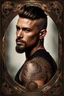 Placeholder: portrait of a 35 year old Handsome muscular male with light bronze skin adorned with tattoos. short hair. neatly trimmed beard. Dark fantasy. photorealistic