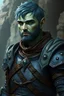 Placeholder: 50 year old water male genasi sorcerer with weathered skin colored sea foam green, green eyes, short blue-green hair, and wearing blue and black leather armor rendered in fantasy style