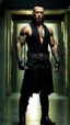 Placeholder: Jason David Frank as a Very muscular alpha male with short hair and tribal tattoo and piercings. Wearing a black designer suit , standing in a doorway. dark fantasy, hyperrealistic