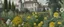 Placeholder: A garden filled with flowers near a gray castle painted by Vincent van Gogh