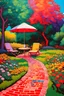 Placeholder: painting of a psychadelic colourful natural backyard with brick road and grass, flowers and trees, round coffee table with shade and umbrella by van gogh and andy warhol infusion