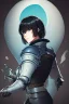 Placeholder: Motoko Kusanagi from "Ghost In The Shell (1995)", clad in medieval stell plate armour, melancholic, alone, big blue eyes, perfect, beautiful, black hair, correct proportions