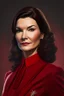 Placeholder: realistic Portrait of a woman in red power suit and dark brown hair. she looks like a mayor
