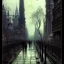 Placeholder: Trees on walkway, Gotham city,Neogothic architecture, by Jeremy mann, point perspective,intricate detailed, strong lines, John atkinson Grimshaw,pipes, chimneys