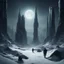 Placeholder: dark futuristic desolate space terrain tall alien figures walking dystopian snow night time space ships and buildings