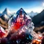 Placeholder: photograph of a (one massive colorful crystal:1.2) growing out of the jelly mountain, (focus on crystal:1.2), 4k, 8k, (highly detailed), ((landscape)),(translucent crystal:1.1), light going trough the crystal, bokeh, chromatic aberration, mountain view,