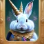 Placeholder: fantasy magic, sharp focus, illustration, highly detailed, digital painting, concept art, art germ and Paul Lewin and Kehinde Wiley, masterpiece silver slolo rabbit with unicorn horn