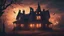 Placeholder: Atmospheric Halloween scene with a hauntingly serene house at sunset