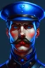 Placeholder: fantasy drawing. porcelain man with blue painted accents. blue glass hair and in a dark, almost black, blue army uniform. somber expression, blue eyes, think mustache. red lips.