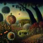 Placeholder: High definition photography of a marvelous landscape, trees, flowers, giant sun, people wearing masks, eerie, rock formations, atmosphere of a James Ensor painting, Henri Rousseau, thoughtful, interesting, a bit appalling, smooth