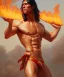 Placeholder: native american warrior, long black hair, dancing on top of fire, big muscles, loincloth, shirtless, 8k resolution concept art portrait by Greg Rutkowski