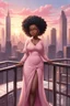 Placeholder: The scene opens onto a serene balcony overlooking a bustling city skyline. The sky above is painted in soft hues of pink and gray as the sun begins its descent, casting a warm glow over everything it touches. In the foreground stands a captivating figure, airbrush chibi cartoon curvy black woman exuding confidence and elegance. She is adorned in a flowing white knit maxi dress that hugs her curves in all the right places, accentuating her silhouette. Her choice of footwear is equally stunning