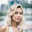 Placeholder: beautiful anorexic asian female, total shot, shiny silver triathlon swimsuit, short blond wavy bob hair, blurred city background