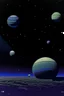 Placeholder: A dark bluish violet space with a small planet and moons painted by John Brack
