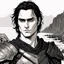 Placeholder: A portrait of Joaquin Phoenix in his early 30s, long beachy haircut, black hair, on a rocky island, in ebony armor from Skyrim, melancholic and dangerous facial expression, half-smiling, drawn in the style of ink manga sketch