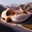 Placeholder: A cultural center and its ant shape simulating the design of Zaha Hadid, beige, with internal and external lighting, landscape, mountains, parking lots and people.