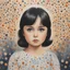 Placeholder: 1970s, monica bellucci , little girl,in the style of Margaret Keane, watercolor dots in the background