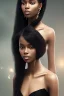 Placeholder: A portrait of a beautiful youthful black woman, wearing a black dress, long hair, black hair, wavy hair, wizard, magical, ethereal, soft bright lighting, Concept art by wlop, Ultra quality 8k, Fantasy.