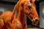 Placeholder: An orange colored earth elemental horse designed in Maori sculptures painted by Andy Warhol