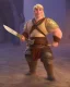 Placeholder: strong medieval warrior with blond short hair, blue eyes and wide warm smile with an axe with green and brown clothes