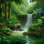 Placeholder: "Create a stunning and tranquil depiction of a lush, tropical waterfall. The waterfall should be surrounded by vibrant, lush greenery, with cascading water that glistens in the sunlight. Capture the sense of serenity and majesty in this natural wonder, making it a breathtaking focal point in the scene. Use your artistic talents to emphasize the play of light and shadow on the cascading water and the surrounding vegetation to convey the beauty and tranquility of the scene."