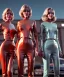 Placeholder: Ultra Realistic retro sci-fi movie Supermarket parking people scene, 1960 year, waist up view portrait, 2 clones blonde women, sweet teenager Jane Fonda face, perfect iris, glow eyes, face makeup, tight latex coat. many people looking, Retro sci-fi style, soft color, highly detailed, unreal engine 5, ray tracing, RTX, lumen lighting, ultra detail, volumetric lighting, 3d, finely drawn, high definition, high resolution.