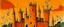 Placeholder: A golden orange colored citadel covered in spikes painted by Pablo Picasso